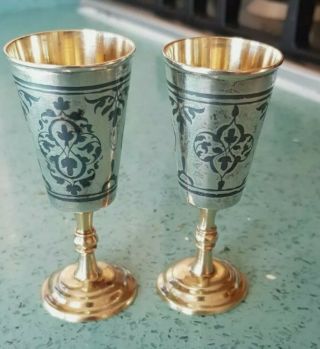 2 Russian 875 Solid Silver And Niello Vodka/kiddush Cups With Gold Gilt