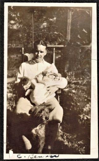 Vintage Antique Photograph Puppy Dog Sitting By Man Holding Cat & Baby