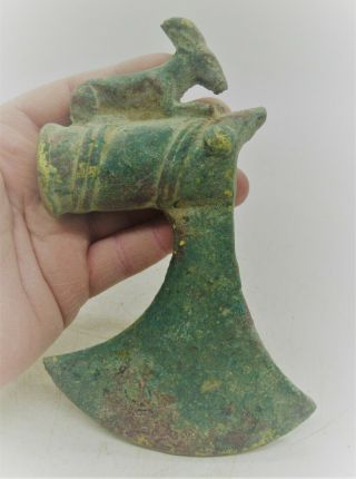 Scarce Ancient Luristan Bronze Axe Head With Ram Terminal Circa 1000 Bce