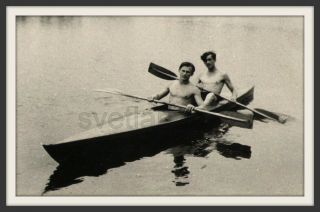 Beach Kayak Boat Sport Couple Handsome Shirtless Men Muscle Soviet Old Photo Gay
