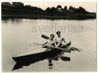 Beach Kayak Boat Sport Couple handsome shirtless men muscle Soviet old photo Gay 2