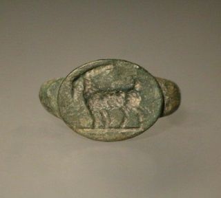 Ancient Interesting Roman Bronze Ring Goat 1st - 4th Century Ad