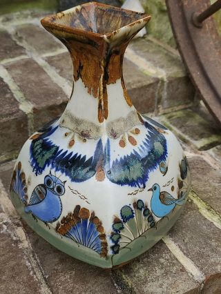Vtg Ken Edwards El Palomar Tonala Mexico Pottery Folk Art Bird Owl Vase 10.  5 "