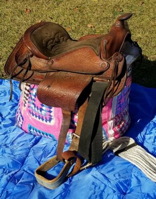 Vtg Hand Tooled Western Roping Horse Saddle Tack Leather Rodeo Wood Stirrups 16 "