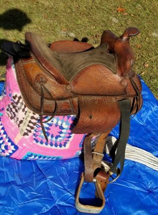 Vtg Hand Tooled Western Roping Horse Saddle Tack Leather Rodeo Wood Stirrups 16 