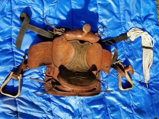 Vtg Hand Tooled Western Roping Horse Saddle Tack Leather Rodeo Wood Stirrups 16 