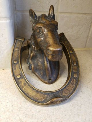 Vintage Horse Head Brass Door Knocker With Horse Shoe 6 " X 4 3/4 " Great Patina