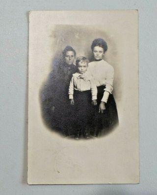 Vintage Real Photo Postcard Two Women And Young Boy Azo Rppc 6632