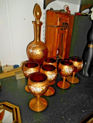 Vintage Murano Glass Red & Gold Ornate Set Of Decanter And 6 Glasses