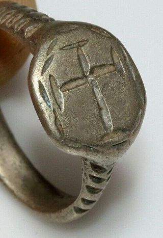1600 Year Old Byzantine Silver Ring With Christian Cross - Wearable - Sze 9