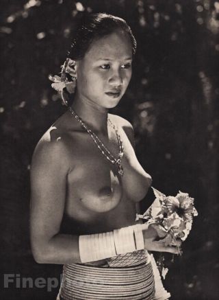 1940 Vintage K.  F.  Wong Iban Female Nude Breasts Hibiscus Flower Borneo Photo Art