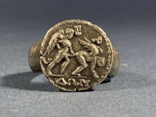 Ancient Greek Solid Silver Ring With Erotic Depiction & Writing - Circa 400 Bce