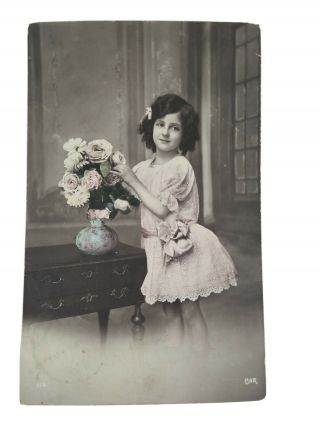 Vintage Real Photo Post Card Pretty Young Dutch Girl Caring For Flowers 1912