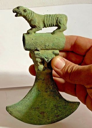 Extremely Rare Luristan Bronze War Ax - Decorated With Tiger Ca 1000 - 700 Bc 178m