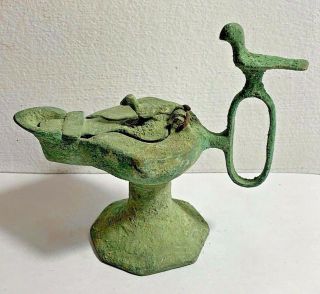 Scarce Ancient Roman Bronze Oil Lamp With Birds Circa 200 - 300ad 142mm