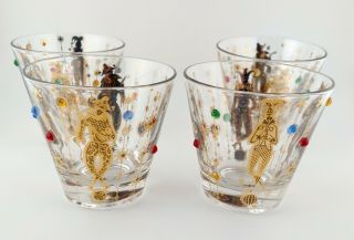 4 Vintage Culver 22k Gold Mardi Gras Harlequin Jester Jeweled Rocks Glasses
