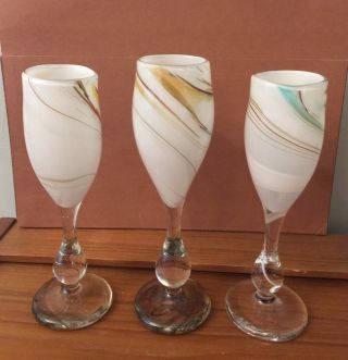 3 Rare Vintage Signed Holmegaard 2388 Blue Brown White Swirl Glass Goblets