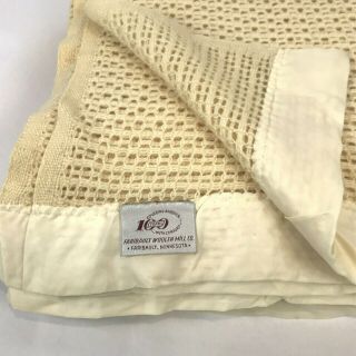 Vintage Faribo Blanket 100 Wool Waffle Weave Satin Trim Cream Ivory