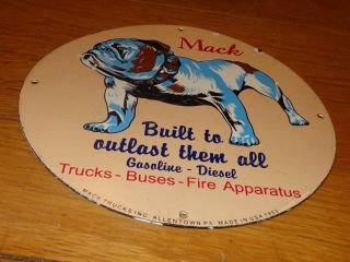 Vintage 1953 Mack Trucks W/ Bulldog 11 3/4 " Porcelain Metal Gasoline & Oil Sign
