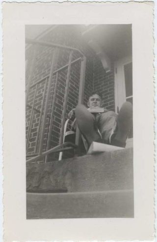 Vintage Photograph Man Sitting On Porch Feet First Shoe Soles 1940s - 50s