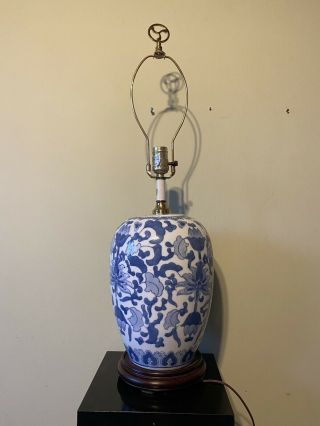 Vintage Frederick Cooper Style Blue & White Ceramic Wood Base Asian Jar Lamp
