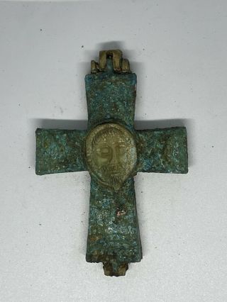 Byzantine Ancient Bronze Cross Encolpion With Bone Stone Jesus Head 200 - 100ad