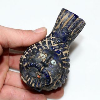Museum Quality Ancient Near East Roman Era Blue Glass Bottle - Male Face Shape