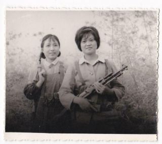Cute Chinese Militia Girls Ak - 47 Training Photo China Cultural Revolution