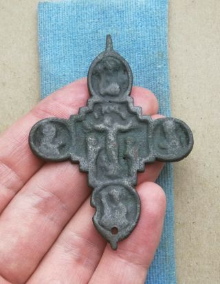 Antique 15th Cent.  Orthodox Bronze Iconic Cross Crucifix Jesus Christ And Saints