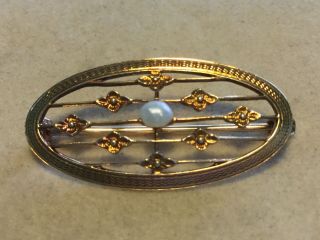 Antique Vintage Art Nouveau Krementz 14k Gold Pin Brooch Filigree With Pearl