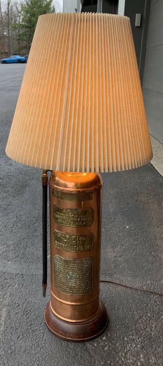 Vintage Antique Copper/Brass Fire Extinguisher Lamp with Shade and Wooden Base 2