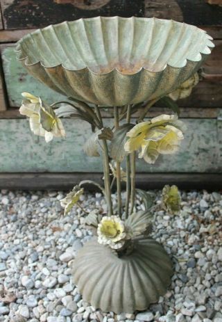 Vtg 1960s Metal Flower Shabby Chic Hollywood Regency Garden Bird Bath Feeder