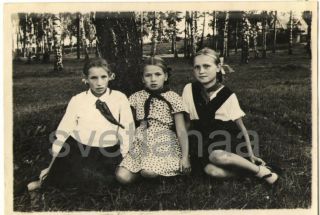 Pioneers Camp Three Girls Lovely Young School Girl Teen Braid Ussr Vintage Photo
