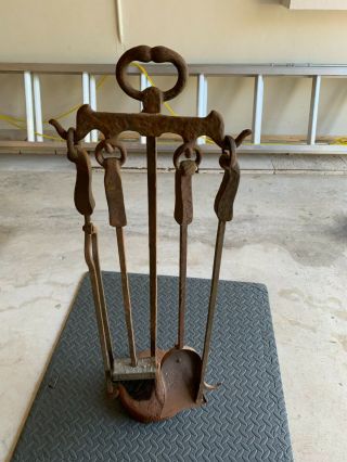 Antique Cahill Iron Wrought Iron Fireplace Tool Set -