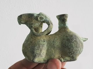 Extremely Rare Ancient Luristan Bronze Animal Ram Oil Lamp.  100 Bc 369 Gr,  100 Mm