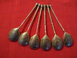 Antique Russian Empire Six 6 Silver Gilt Tea Spoons In A Box Moscow 1878 108g