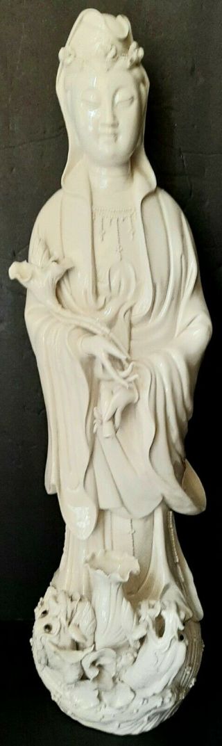 24 " Vintage Chinese Blanc De Chine White Porcelain Guanyin Lotus Dragon Figurine