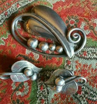 Vintage Georg Jensen Usa Sterling Art Nouveau Brooch Earrings Danish Style