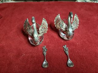 Set Of 2 Vintage Sterling Silver And Crystal Swan Salts,  Cherub Silver Spoons