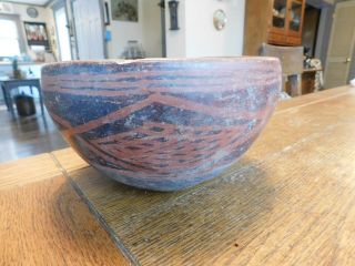 Lg Ancient Pre Columbian 8 " Pottery Bowl - Painted Red Black Abstract Pattern