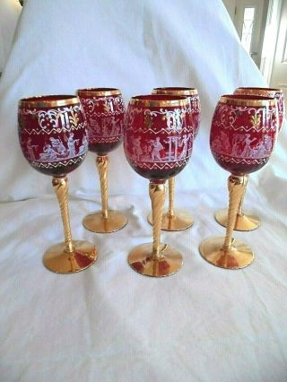 Set Of 6 Vintage Mid Century Italy Red Venetian Murano Italian Glass Goblets