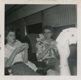 Vintage Photo Women Play Card Game On Train Hand In Foreground 1957