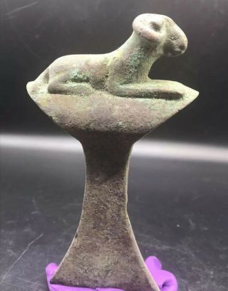 Authnic Ancinet Old Roman Empire Bronze Axe With Antique Ram Animal On Top