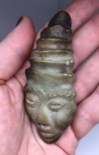 Pre - Columbian Green Head Pendant Face Carved Stone Ancient Artifact Mask