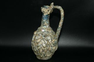 Very Large Authentic Ancient Roman Glass Jug With Handle & Rainbow Patina