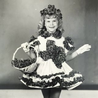 Vintage Black And White Photo Little Girl Texas Ruffle Dress Basket Gloves