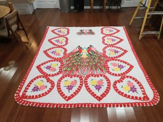 Vintage Midcentury Chenille Bedspread Double Peacock Red White Pink Hearts