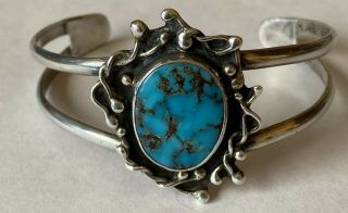 Vintage 1960’s Signed Hopi Sterling Silver Blue Gem Turquoise Cuff Bracelet