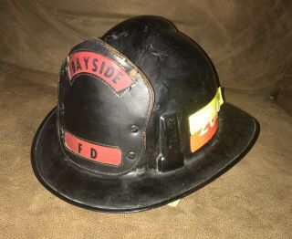 Antique Fire Helmet Leather Front Marked Bayside Fd Fire Helmet By Msa