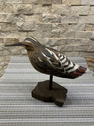 Wek Vintage Hand Carved & Painted Wood Shore Bird Wood Base & Glass Eye,  Rare